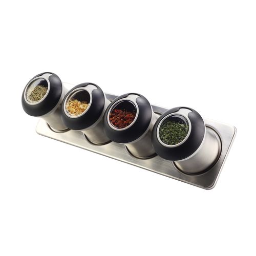 Conjunto de 4 Porta Temperos em Aço Inox e Suporte com Imã