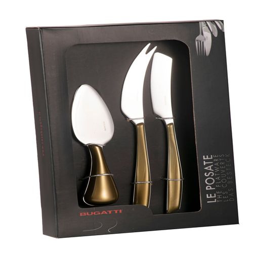 Kit 3 Peças Queijo Espátula Faca Frios Dourado Luxo Bugatti