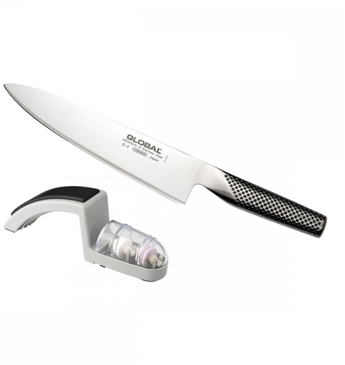 Conjunto Faca Chefe e Afiador 2 Estágios Aço Inox 20cm Global