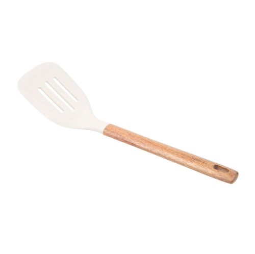 Espátula Vazada de Silicone com Cabo em Acácia Spicy Bege
